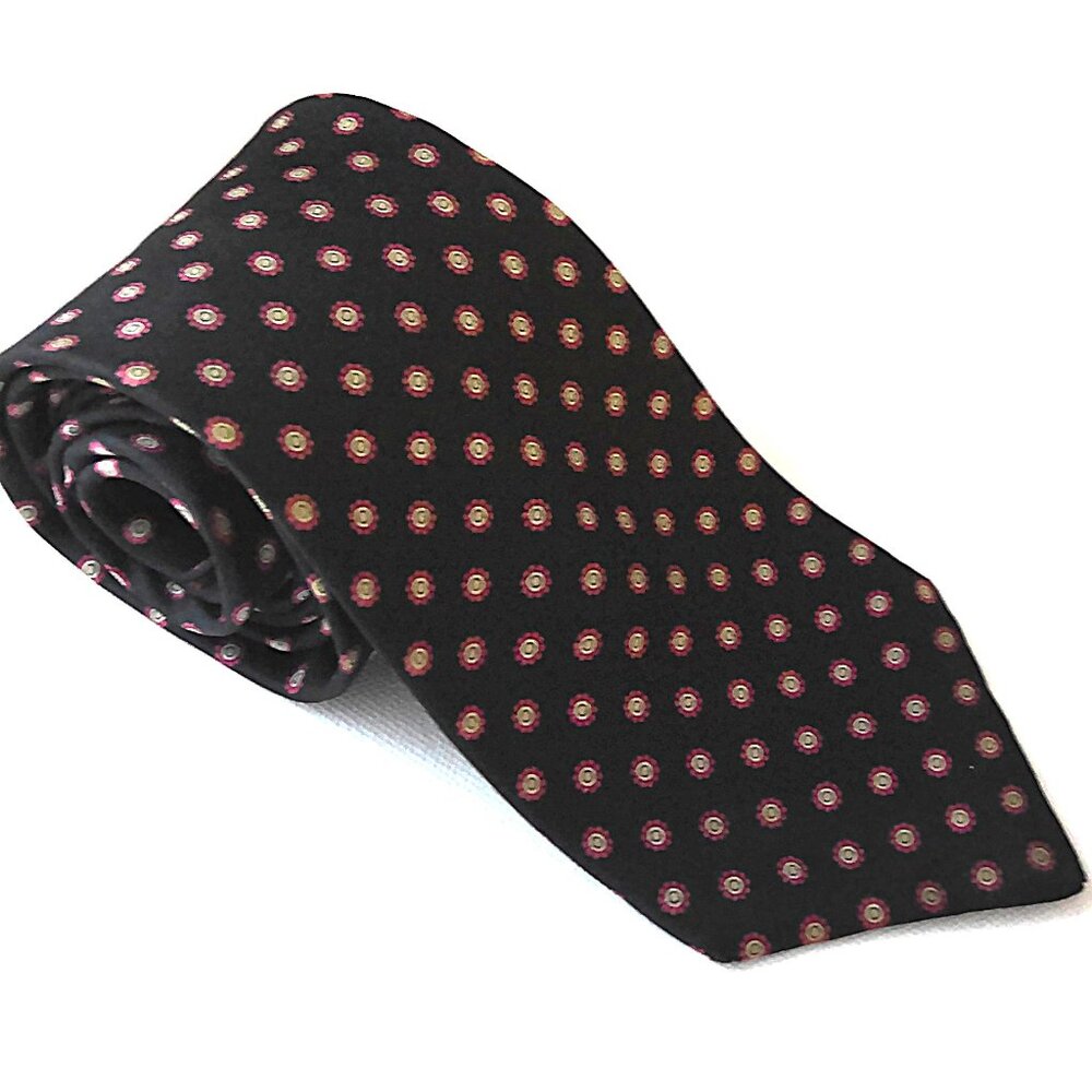 John Henry Men's Tie 100% Imported Silk Made in USA Black Red & Cream EUC